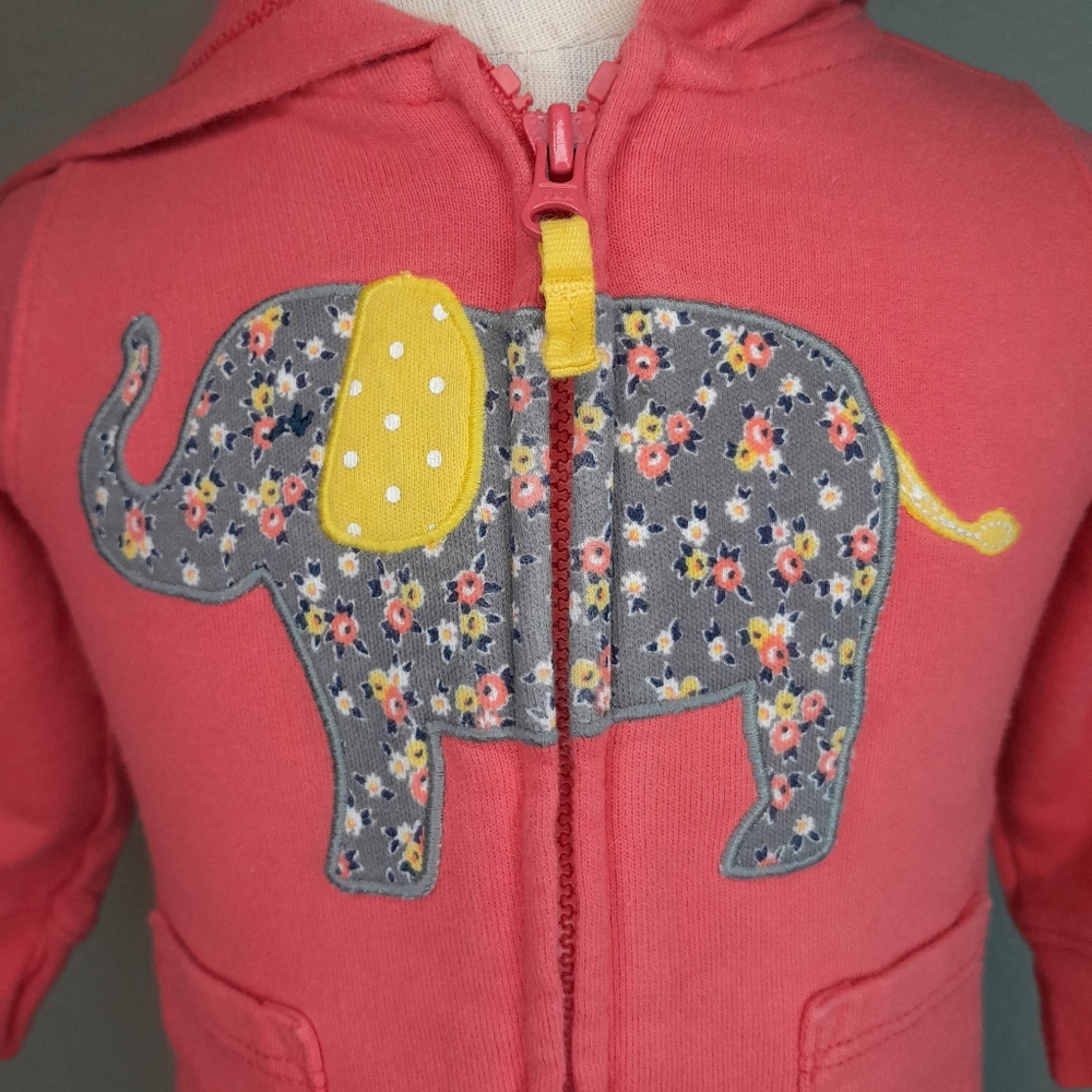 Carter's Baby Girl 6 Month Coral Full Zip Hoodie Floral Elephant - Picture 2 of 7